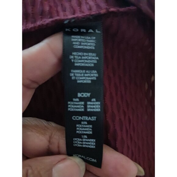 Koral Womens Shiny Sleeveless Racerback & net pattern Top  Burgundy Size Xsmall - Picture 10 of 10